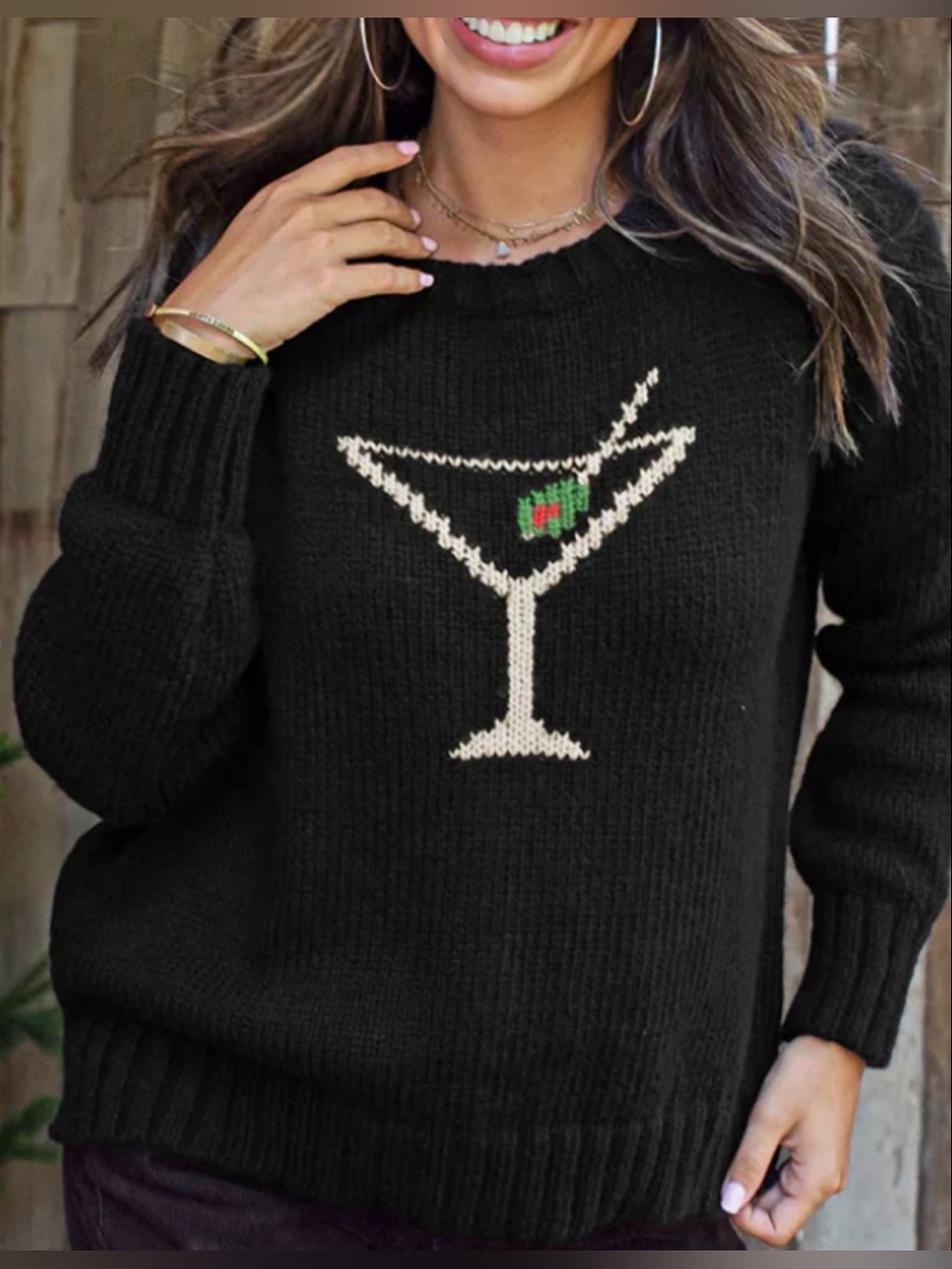 Wooden Ships Black Crewneck Sweater with White Martini Motif